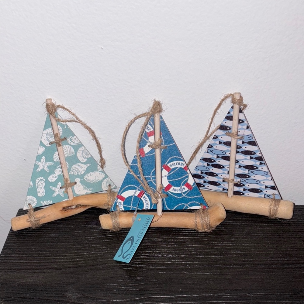 Nautical Themed Decorative Sailboats set of three distressed ornaments nwt